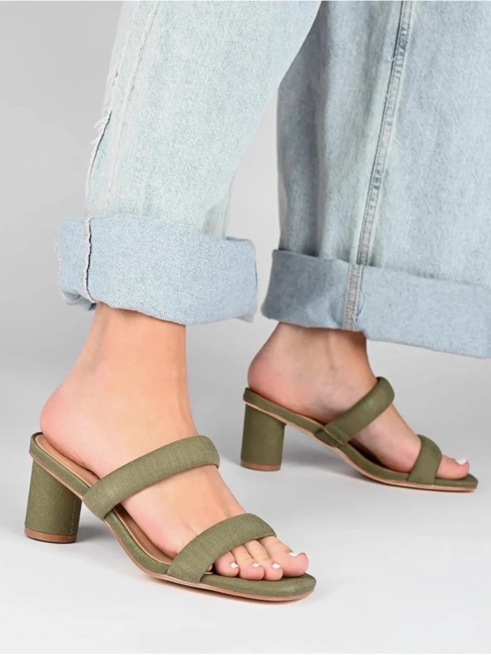 Journee Collection Olive Green Linen Puff Double-Strap Round Block Heel